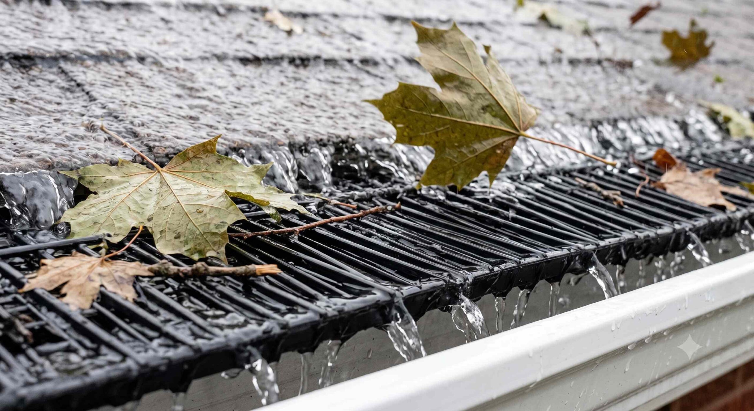 Close-up of a gutter filled with fallen leaves along a home's roofline