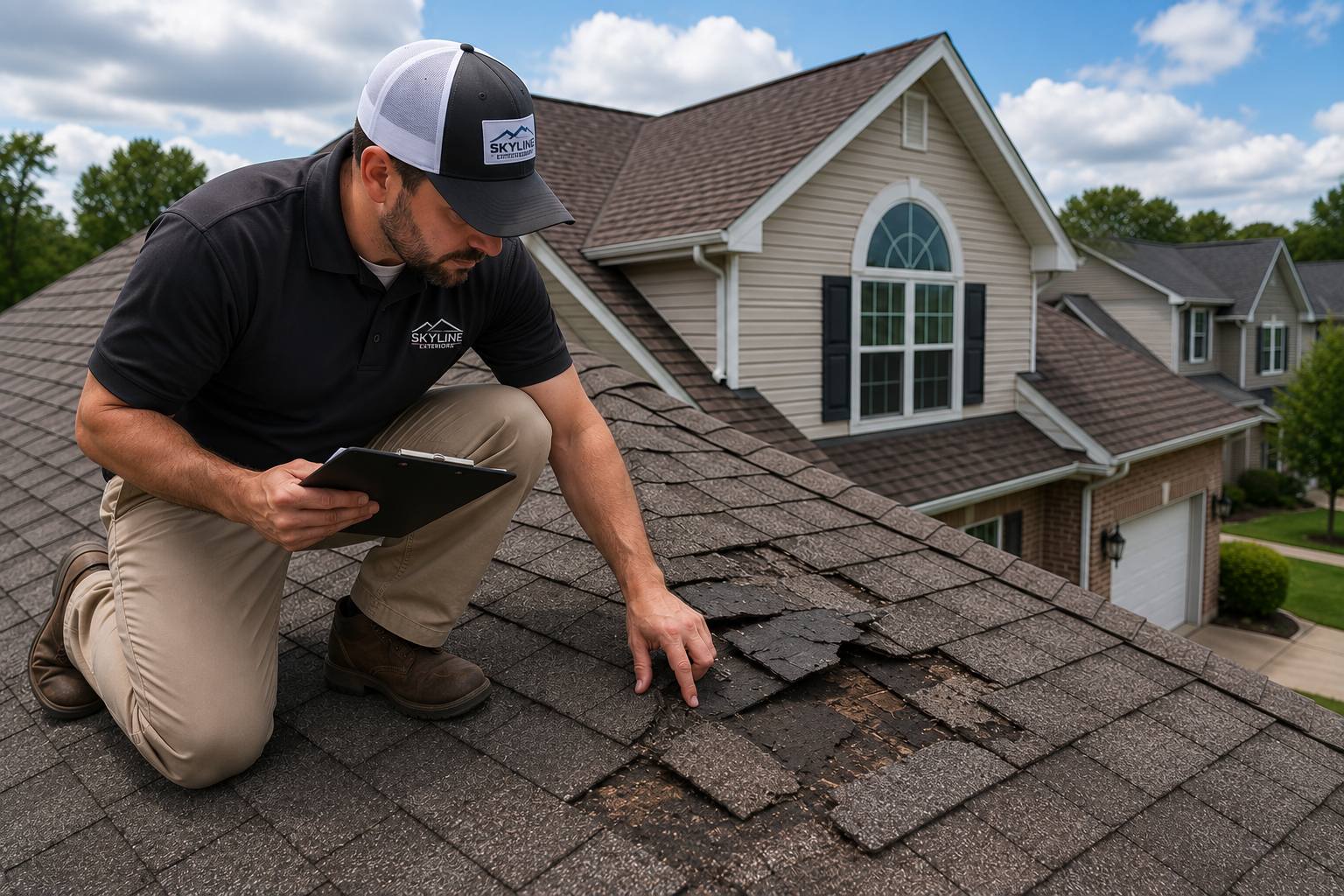 Roofing inspector kneeling on a shingle roof examining storm damage during an inspection
