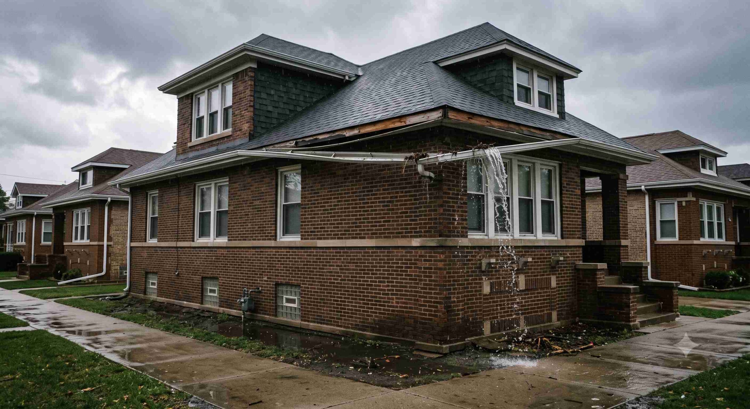 Two-story Chicago home during a storm with rain streaking down the roof and siding