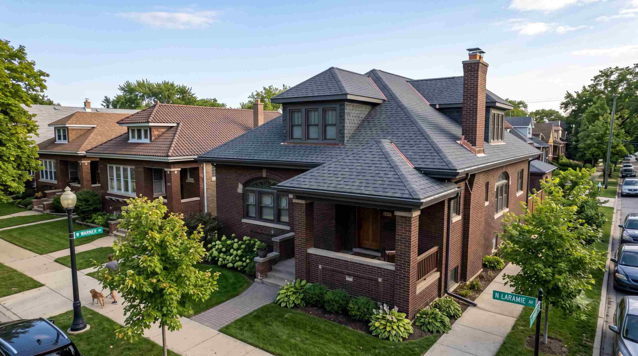 Aerial view of a brick two-story home with a new shingle roof on a tree-lined Chicago street