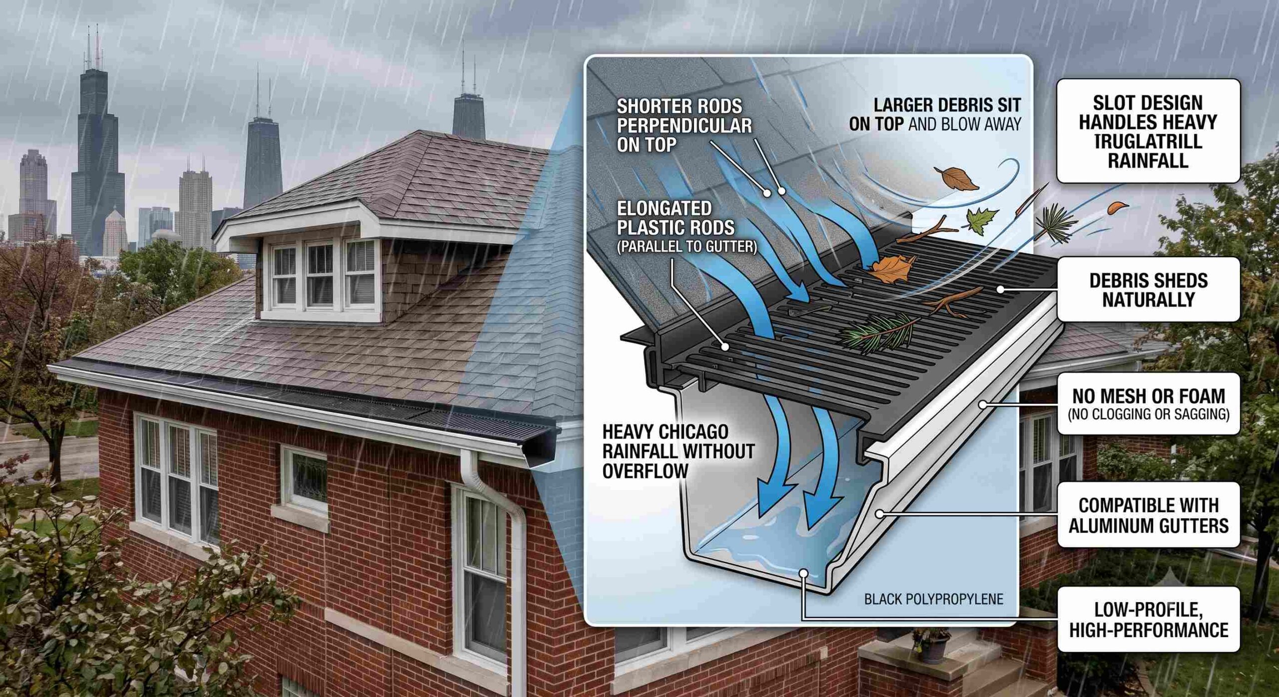 Home roofline next to a diagram showing how gutter guards handle heavy Chicago rainfall