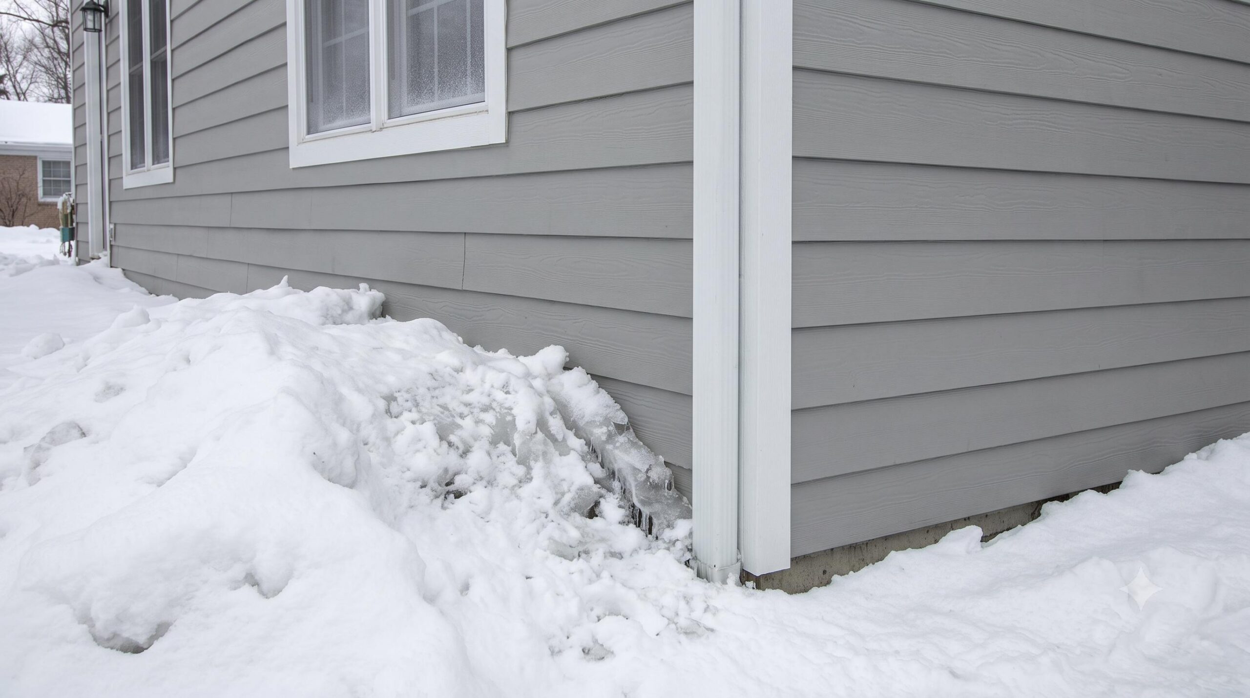 New siding installed on a Chicago home exterior with snow along the foundation in winter
