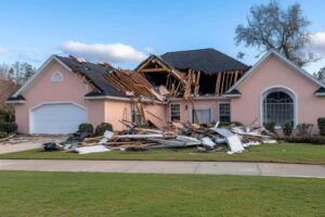 Home with a storm-damaged roof and debris scattered across the front lawn