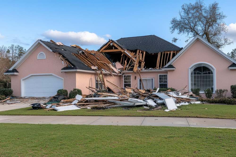 Home with a storm-damaged roof and debris scattered across the front lawn