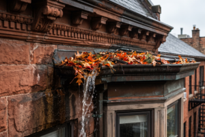Water overflowing from a residential gutter clogged with leaves.