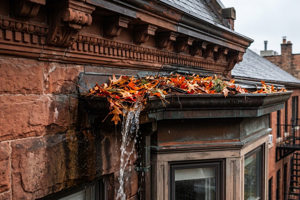 Water overflowing from a residential gutter clogged with leaves.