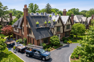 Skyline Exteriors & Construction contractors installing new roof on Tudor house