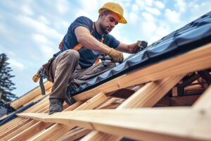 Roofing contractor in a hard hat installing roofing materials on a wooden roof frame