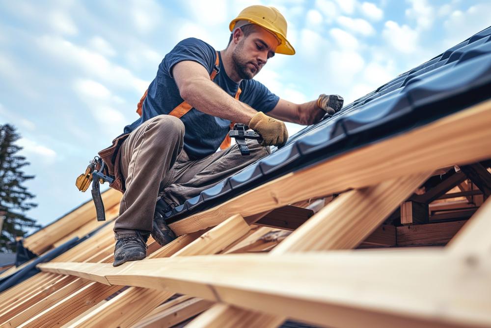 Roofing contractor in a hard hat installing roofing materials on a wooden roof frame