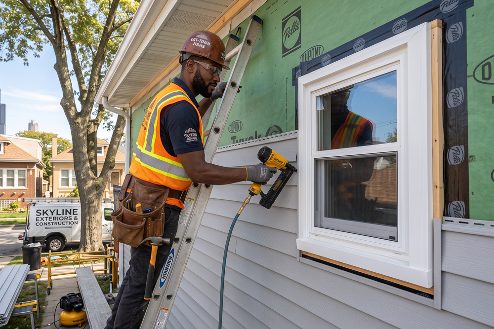 Skyline Exteriors & Construction contractor installing vinyl siding on a Chicago home.